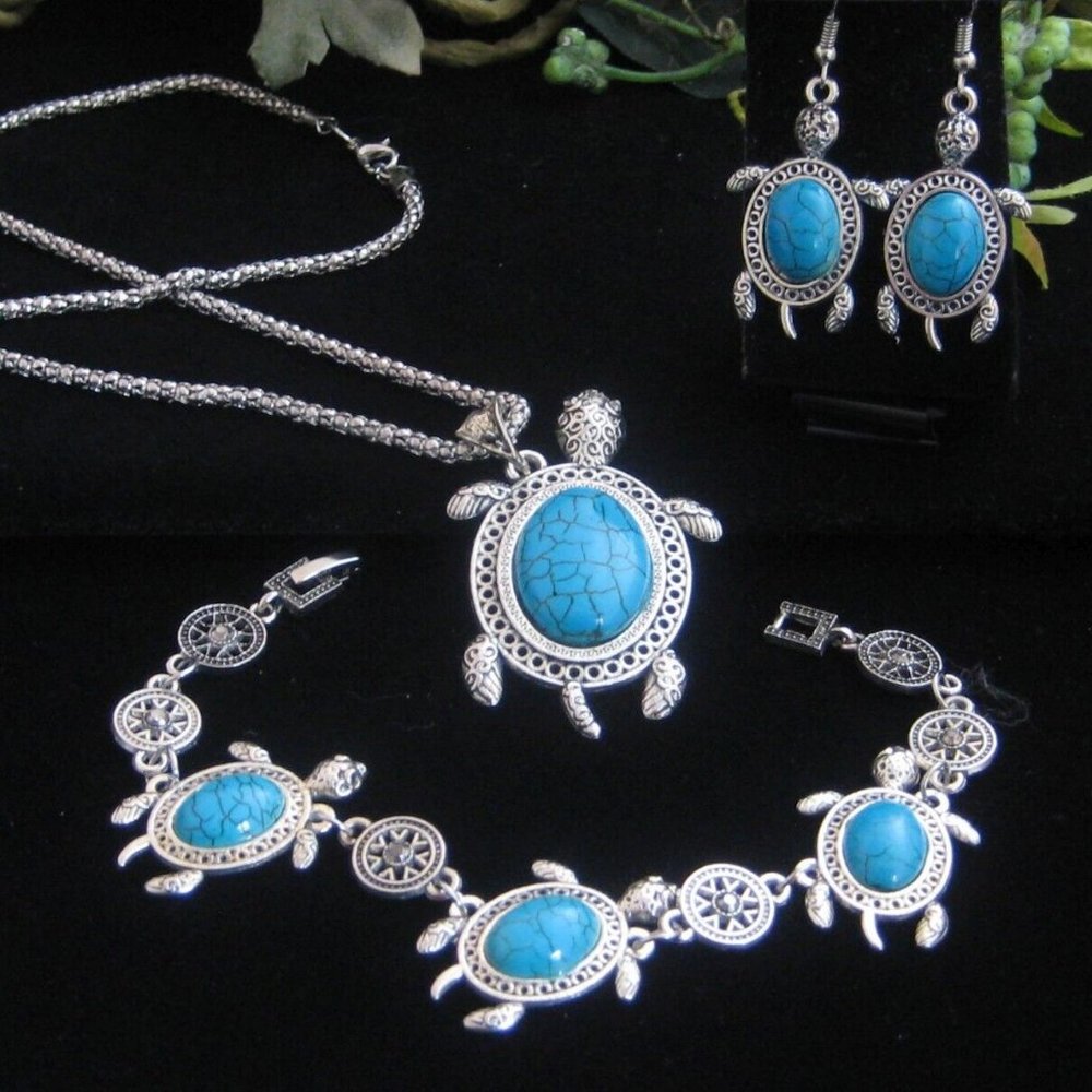 Turtle Pendant Necklace, Bracelet & Earrings faux turquoise silvertone setting